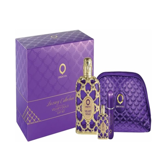 ESTUCHE ORIENTICA ORIENTICA VELVET GOLD UNISEX 4PZS 80ML EDP + 10ML EDP + ATOMIZADOR + COSMETIQUERA